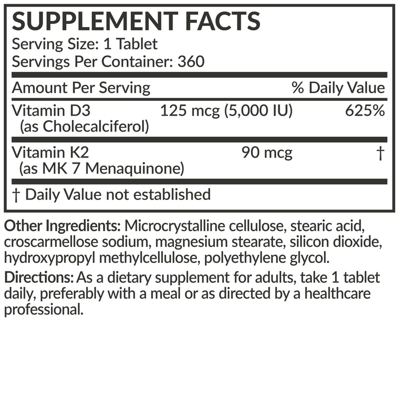 Futurebiotics Vitamin K2 with D3, 2 in 1 Support, 5000 IU Vitamin D3 & 90 mcg Vitamin K2 MK-7 Non-GMO, 360 Tablets 360 Count (Pack of 1)