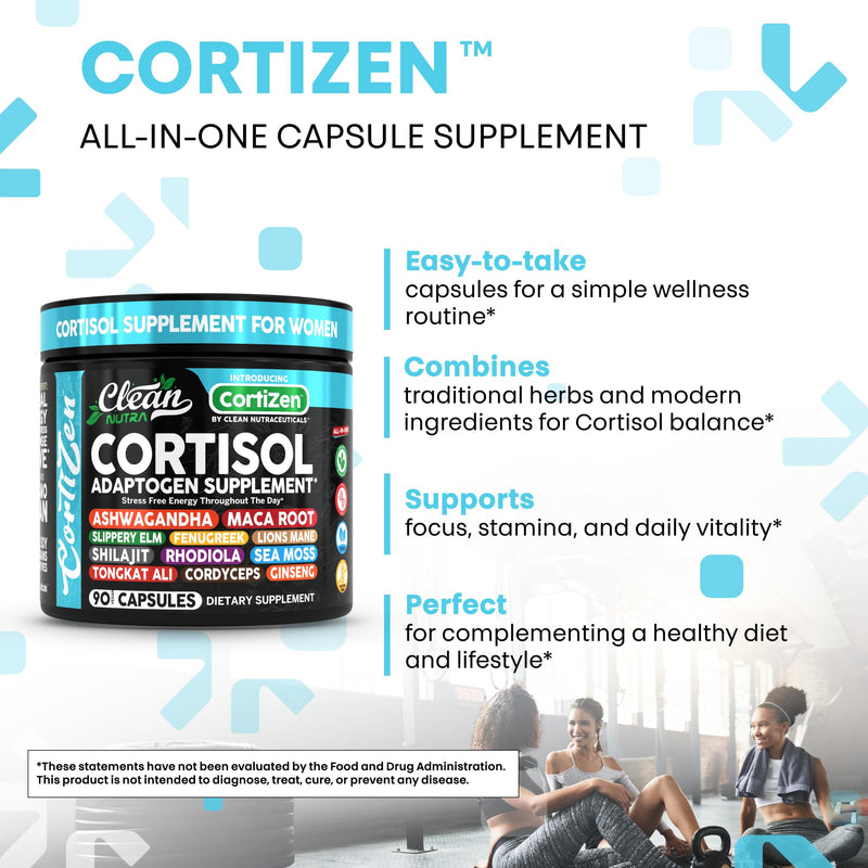 Clean Nutra Cortisol Supplements For Women | Maca Root Ashwagandha Cortisol Detox Manager Reducer + Slippery Elm Fenugreek Lions Mane Shilajit Rhodiola Sea Moss Tongkat Ali Cordyceps Ginseng Beet Root 1