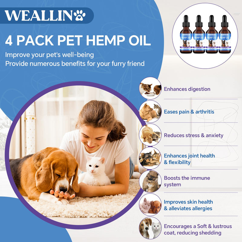 WEALLIN Hemp Oil for Dogs and Cats - Omega-3, 6, 9 Rich Organic Extract - Eases Pet Anxiety, Pain, Skin & Coat Health - Stress Relief, Hip & Joint Support - Calming Treats (4 Pack) 4PC