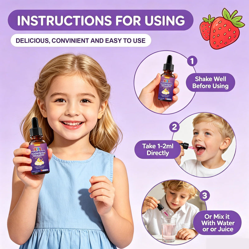 2 Pack Kids Magnesium Liquid Drops -Magnesium Glycinate Liquid for Kids Supplement-w/L-theanine Omega-3 PS Zinc Vitamin B6 D3 for Sleep Relaxation Brain Bones Immunity - 2 Fl Oz, Strawberry Flavor