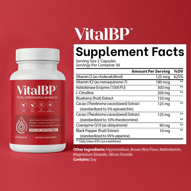 VitalBP Blood Pressure, Blood Flow & Artery Support, CoQ10, K2 & D3, 60Caps | With L-citrulline to support normal blood pressure, blood flow & artery health. 60 Count (Pack of 1)
