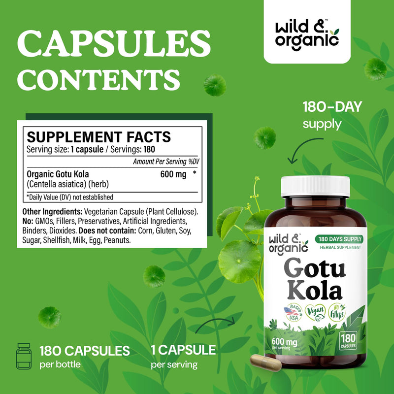 Wild & Organic Gotu Kola Capsules 600 mg - Brain & Focus Support - Gotu Kola Supplement - Centella Asiatica Powder - 180 Days of Supply - Vegan, No Fillers, Non-GMO - 180 Count