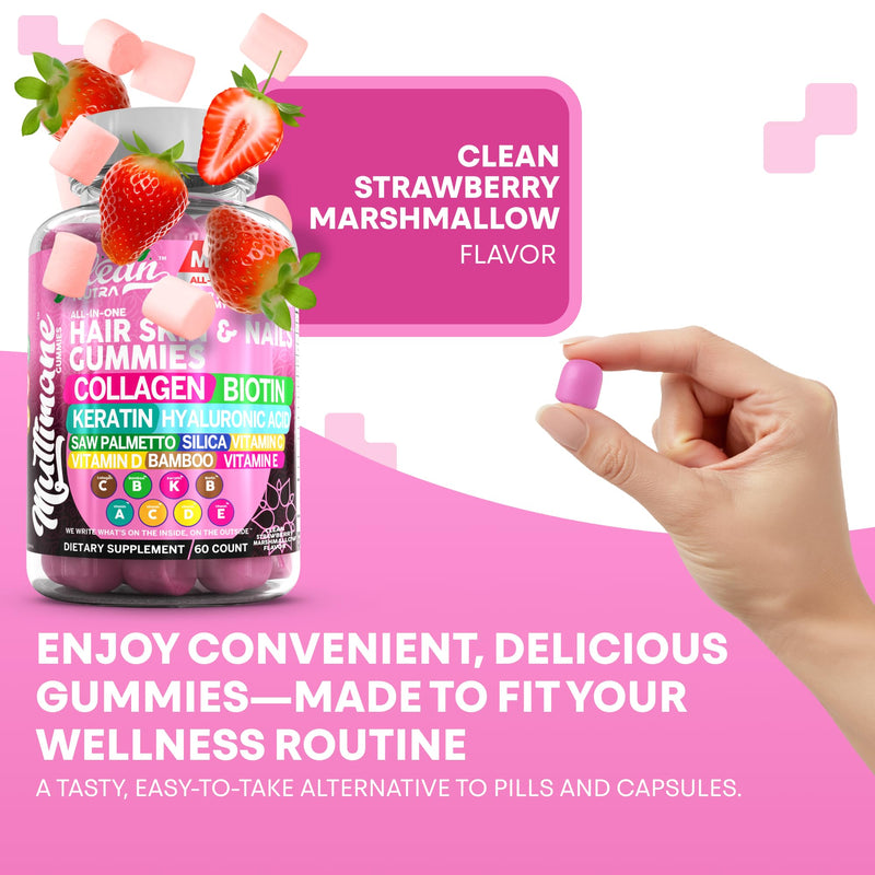 Clean Nutraceuticals Biotin Collagen Keratin Gummies | Hair Skin and Nails Vitamins for Women | Hyaluronic Acid Bamboo Vitamin A C D3 E Folate with Saw Palmetto Silica B3 B12 Vegan Gummy 2