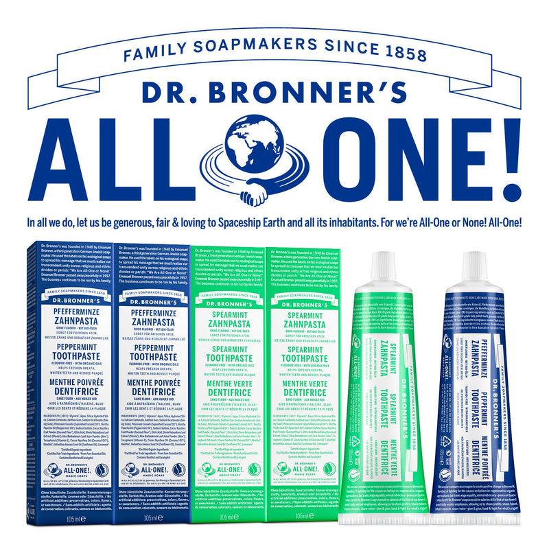 Dr Bronner's All One Peppermint Toothpaste, Made with Organic, Fluoride-Free Ingredients with No Artifical Colours, Flavours, Preservatives or Sweeteners, Vegan Friendly, 105ml Tube (Pack of 2) 105 ml (Pack of 2)