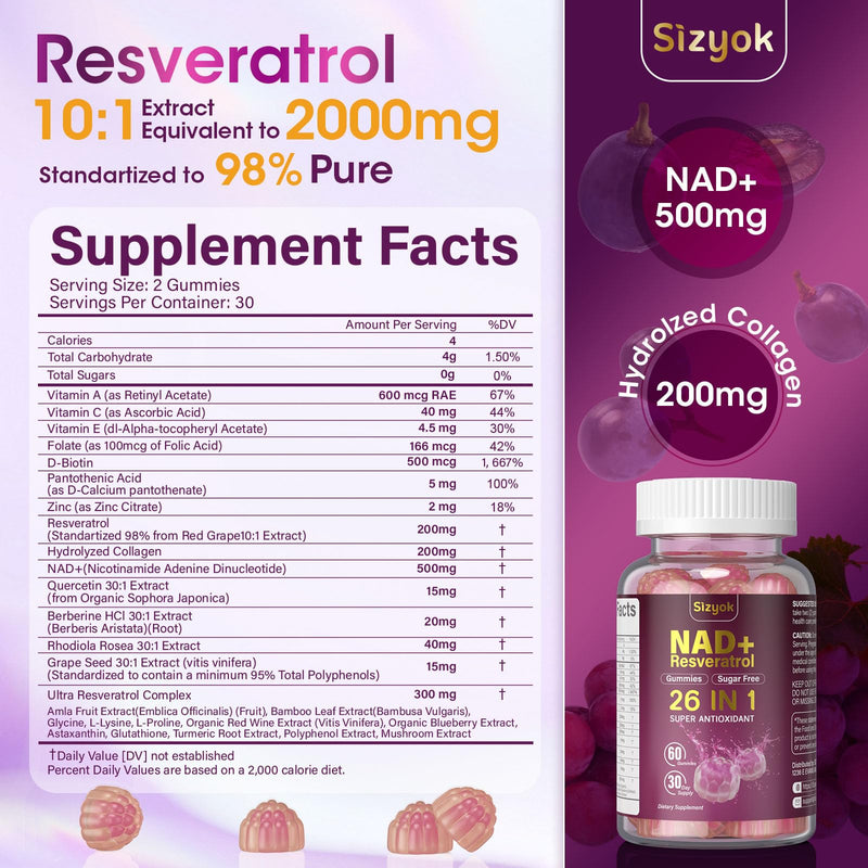 NAD Resveratrol Gummies, NAD supplements for Women with Hydrolyzed Collagen, Grape Seed, and D-Biotin Support Antioxidant Action, Anti-Aging, Cell Regeneration & Energy, Sugar-Free, 60 Gummies, 3 Pack 60 Count (Pack of 3)