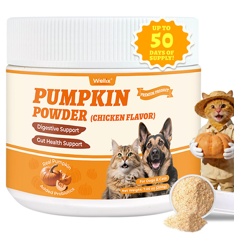 Wellix Pumpkin Powder for Dogs & Cats - Fiber Supplement, Digestion Support, Firms Stool, Dog & Cat Diarrhea, Constipation Relief, Gut Health - Food Topper for Dogs & Cats, Larger Volume - 200g