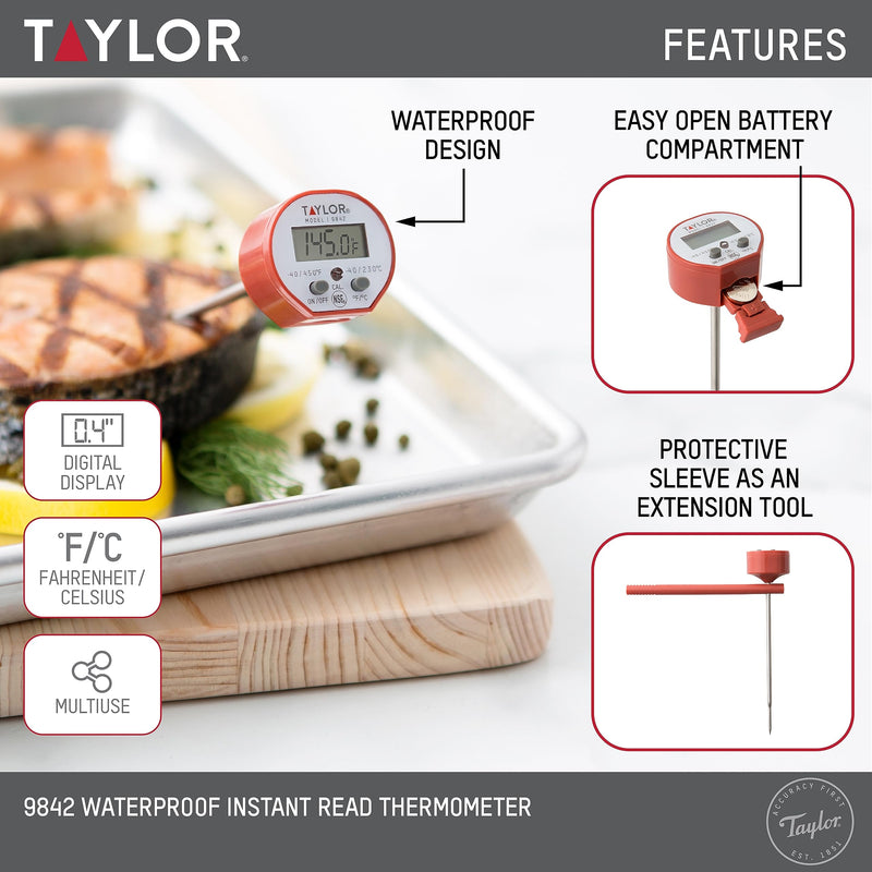 Taylor Waterproof Digital Instant Read Thermometer For Cooking, BBQ, Grilling, Baking, And Meat, Comes With Pocket Sleeve Clip, Red Cooking Digital Quick Read Thermometer