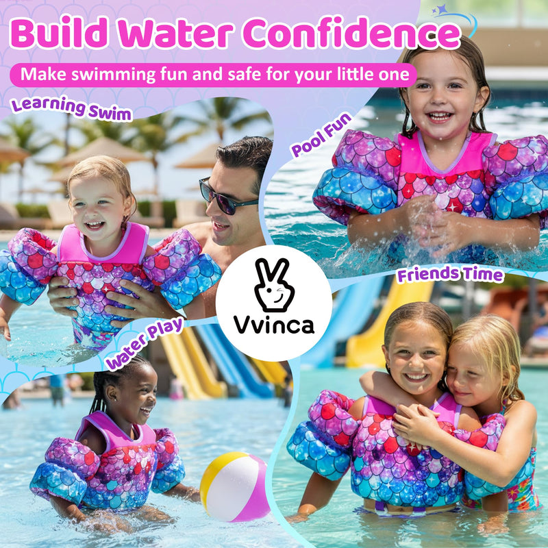 Vvinca Toddler Swim Vest 22-66 lbs, Swim Trainer for Boys Girls with Anti-Chafe Crotch Strap, Floaties for Kids 2-6 Years Old 01-Mermaid Scale