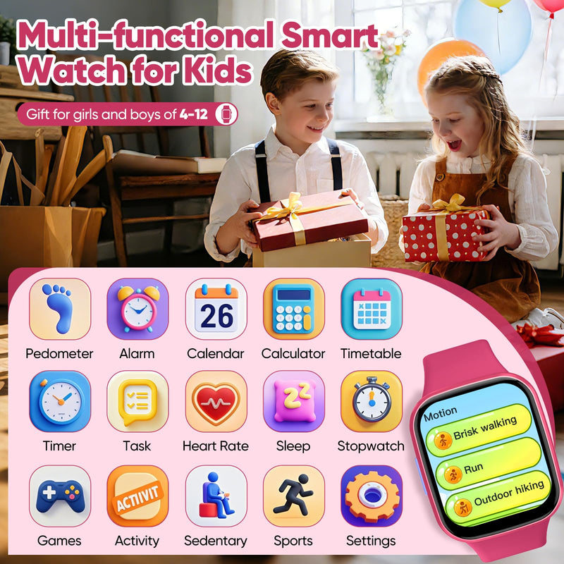 Smart Watch for Kids No APP/Phone Needed, HD Touch Screen Fitness Tracker with Heart Rate, Sleep Monitor, IP68 Waterproof Smartwatches with Pedometer, Alarm Clock, Gifts for Kids Ages 4-12 (Pink) Pink