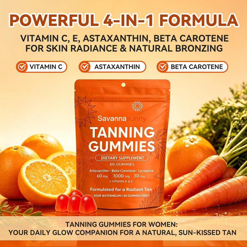Tanning Gummies for Women Beta-Carotene Astaxanthin Vitamin C&E Vegan 60 Ct