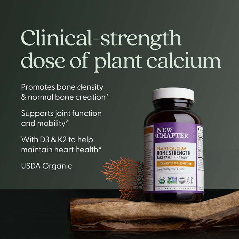 New Chapter Bone Strength Tiny Tabs Organic Calcium, 120 Tiny Tabs | Plant-Based USDA Organic Calcium with Magnesium, Vitamin D3+K2 for Bone Health, Joint Mobility and Heart Support Unflavored 120 Count (Pack of 1)