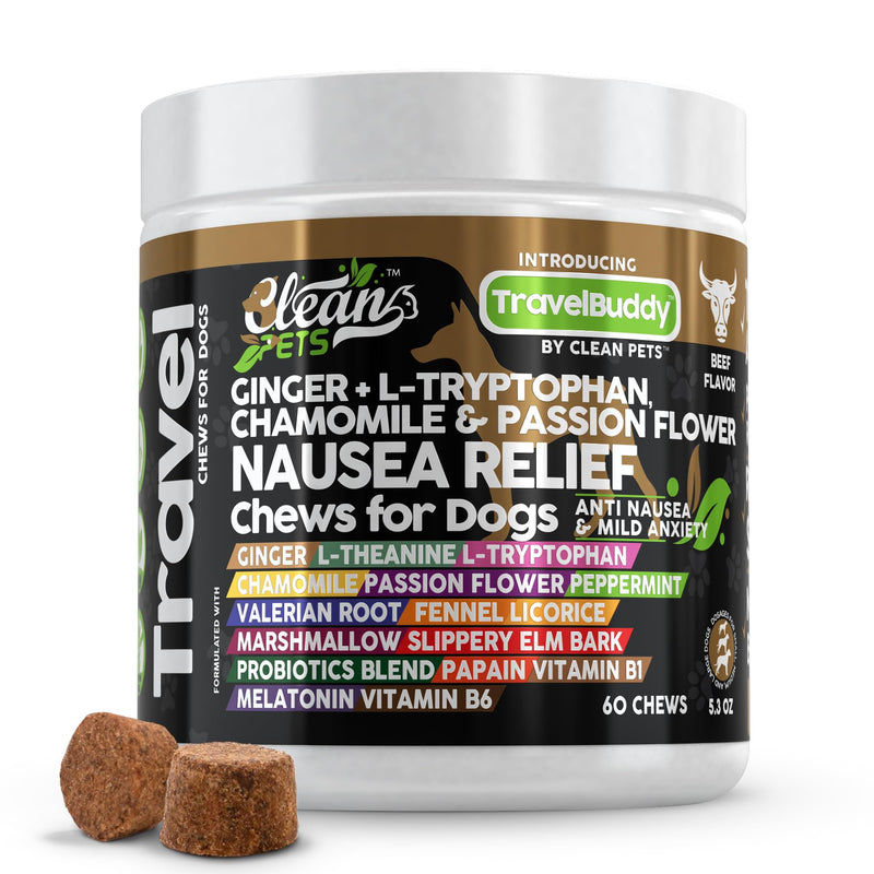 Clean Pets Travel Chews Nausea Relief for Dogs | Ginger L-Tryptophan Chamomile Passion Flower L-Theanine Peppermint Valerian Root Fennel Licorice Root Marshmallow Root Slippery Elm Melatonin Chew 60 Count (Pack of 1)