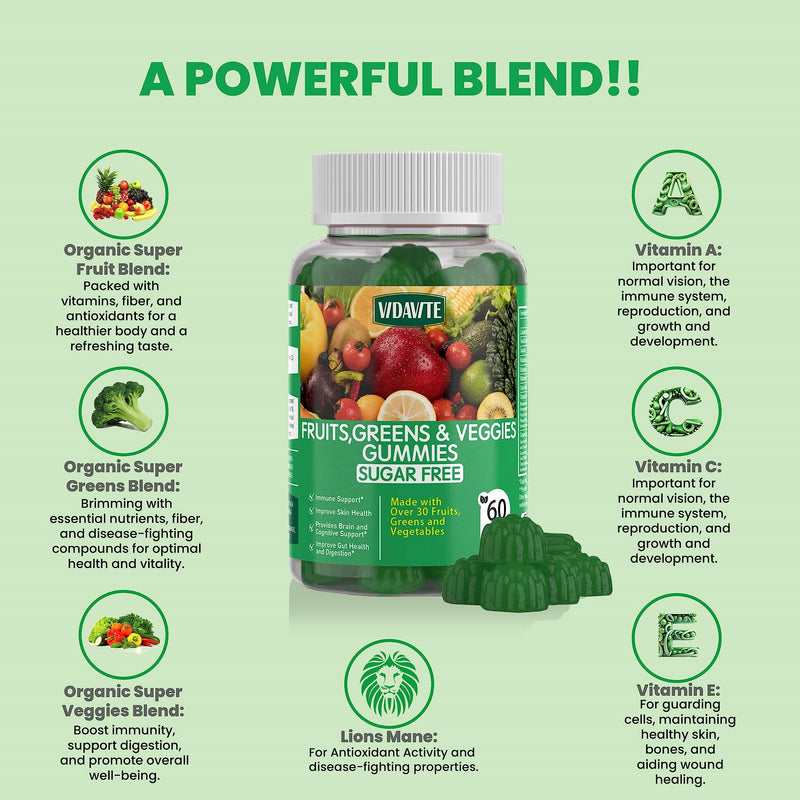 Sugar-Free Fruit and Veggie Gummies — 35+ Greens, Fruit and Vegetable Vitamins to Boost Immunity, Skin & Gut Health — Ideal Fruit and Vegetable Supplement for Adults & Kids (60 Gummies) - BeesActive Australia