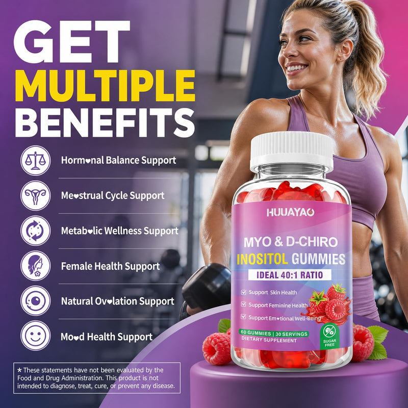 Myo-Inositol & D-Chiro Inositol Gummies, Ideal 40:1 Ratio Inositol Supplement with Vitamin D3, Magnesium Glycinate for Support Hormonal Balance & Wellness, Raspberry Flavor, 60 Count 60 Count (Pack of 1)