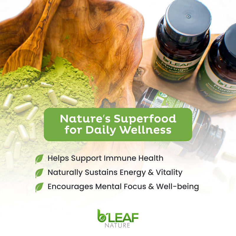 B'LEAF NATURE Moringa Leaf Vegan Capsules 1000mg Serving, 180 Count | Pure Moringa Oleifera Leaf Powder, Energy & Immune Support, Non-GMO Gluten Free Vegan, Superfood 180 Count (Pack of 1)