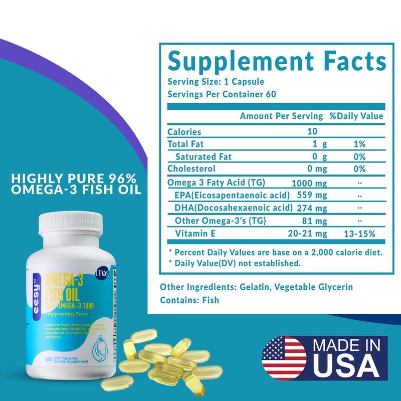 EESY Omega-3 Fish Oil Supplement, Supports Heart, Brain & Eye Health, Promotes Joint Mobility, EPA & DHA in Natural Triglyceride (TG) Form, 60 Soft Capsules, Dietary Supplement, Fatty Acid, USA Made