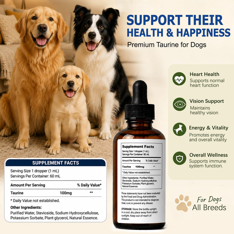 Taurine for Dogs Amino Acid Liquid Supplement for Heart & Muscle Function, Vision, Energy Balance & Physical Stability