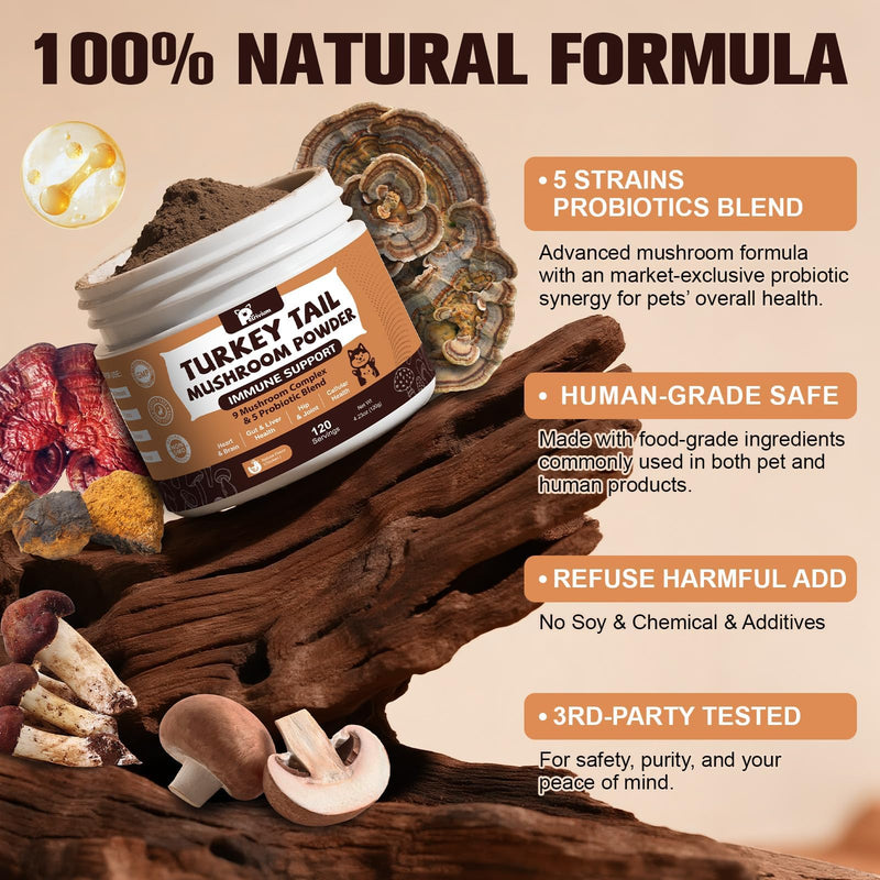 Mushroom Supplement with Probiotics for Dogs & Cats, Turkey Tail Mushroom for Pets - Mushroom Powder for Immune Boost & Overall Health- Partner Guard for Dogs Lumps and Bumps 2 Pack 2-Pack