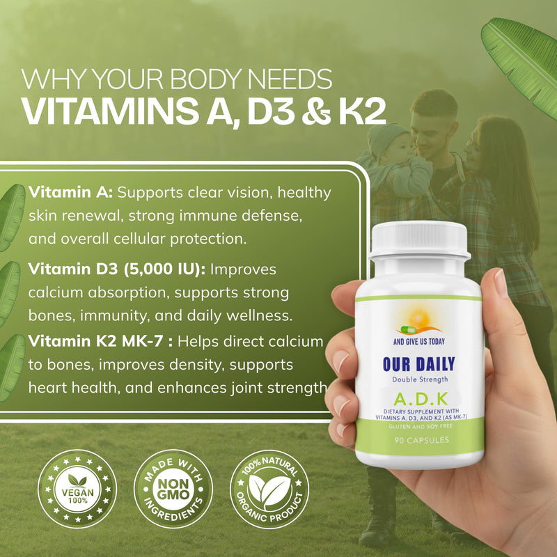 Daily Vites, ADK Vitamin Supplement 5000 IU – 180 Capsules – High Potency Vitamin A, D3 & K2-MK7 – Physician Formulated for Bone, Heart & Immune Support – Non-GMO, Gluten Free 6-Month Supply (2 Pack) 90 Count (Pack of 2)