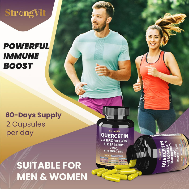 StrongVit Quercetin with Bromelain, Elderberry, Vitamin C, D3 and Zinc. Super Immune Support Supplement. Organic Complex for Men & Women, Non-GMO, Gluten-Free, Vegan, USA (120 Capsules) 120 Count (Pack of 1)