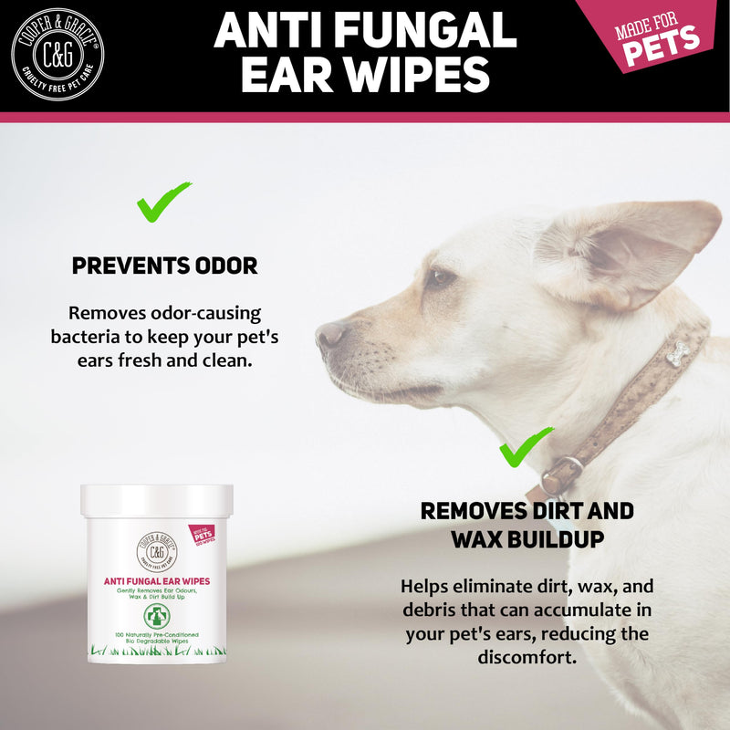 Dog Wipes | Dog Ear Wipes for Dogs & Cats by Cooper and Gracie | 100 Biodegradable Soothing Ear Cleaning Wipes for Pets | Soft, Quick, and Easy Wipes to Remove Wax and Relieve Itchy Ears