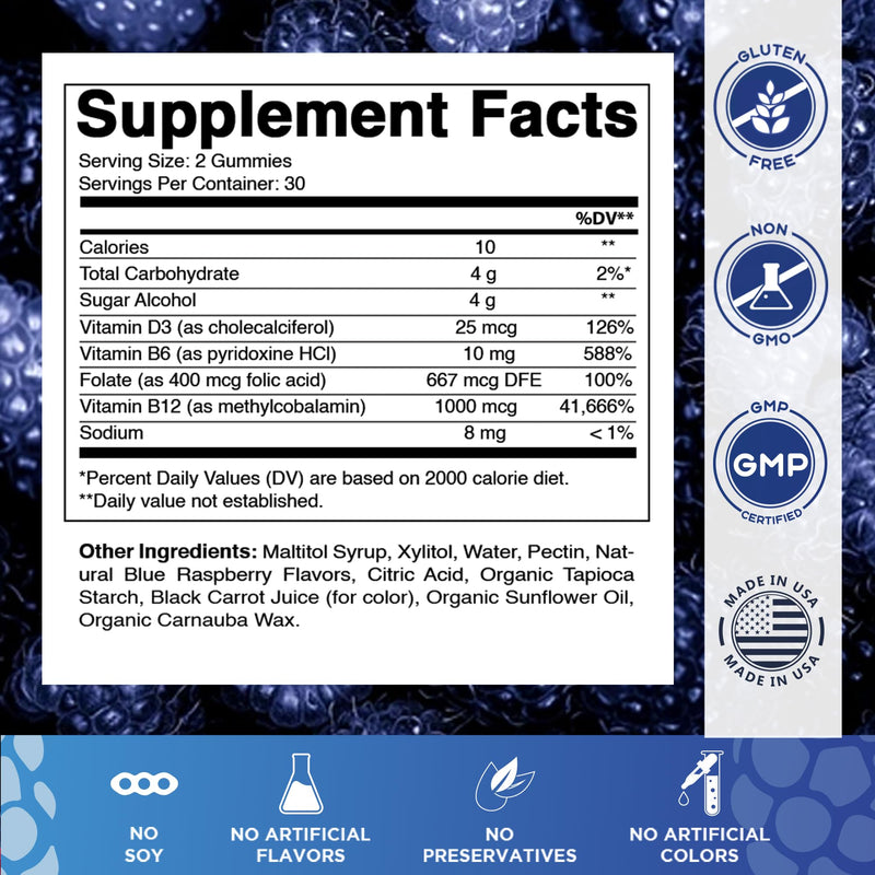 Vitamatic Vitamin D3 + B12 Gummies Made with Folate & Vitamin B6 - Natural Blue Raspberry Flavor – 60 Gummies – Made in the USA
