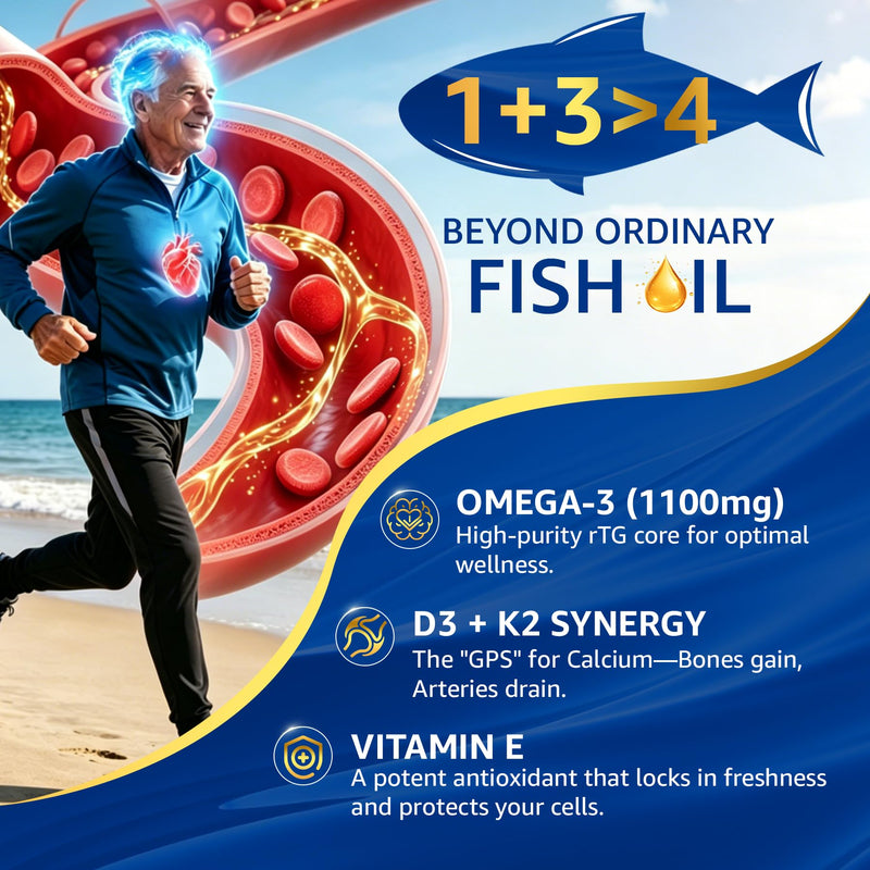 Omega-3 Fish Oil Supplement 1250mg, Vitamin D3 5000IU, K2 E, 3-Month Supply | Burpless Triple Strength 1100mg Omega 3 Fatty Acids(750mg EPA + 350mg DHA) for Women & Men, Wild-Caught Fish Oil, 90 Softgels