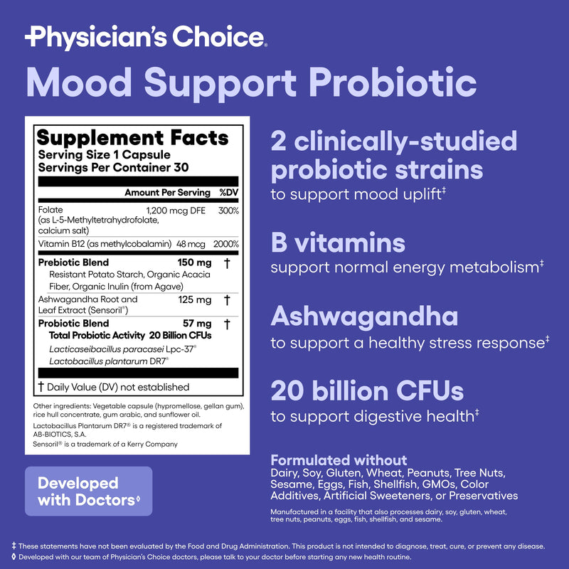 Physician's CHOICE Mood Support Probiotic - Supports a Balanced Mood, Healthy Stress Response & Digestive Health with Prebiotics, Ashwagandha, Vitamin B12, Folate - for Men & Women - 30ct 30 Count (Pack of 1)