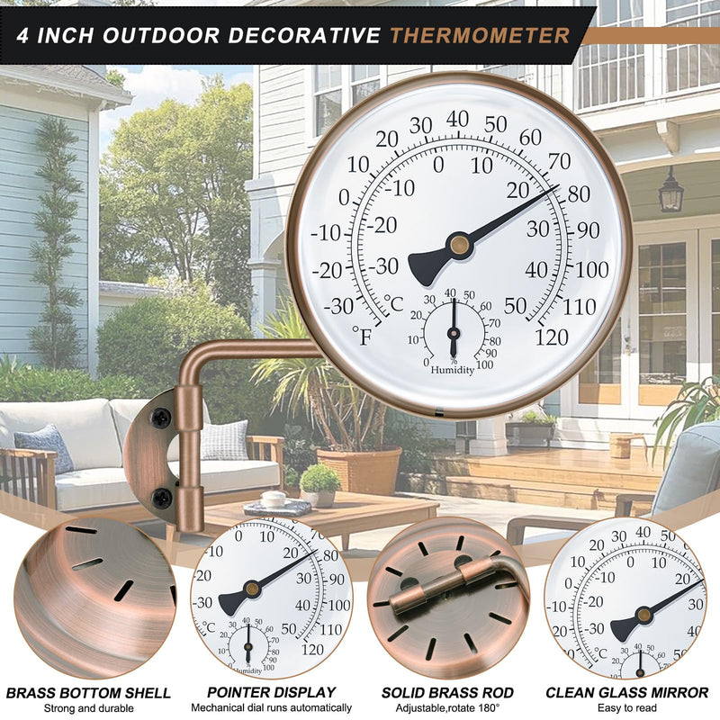 4 Inch Brass Outdoor Thermometer, Outside Decorative Thermometer for Patio, Window, Greenhouse, Garage, Brass Swivel Temperature Gauge with Humidity, Analog Temperature Gauge 4 Inch without Stand