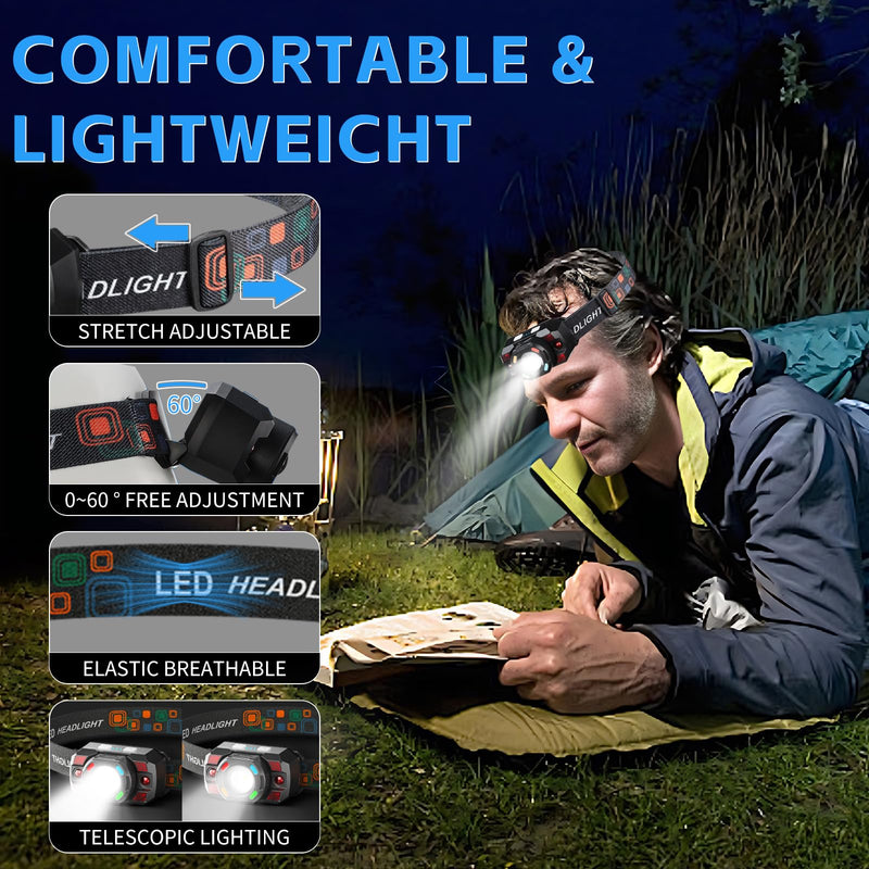 Headlamp Flashlight, 500 Lumen Ultra-Light Bright LED Rechargeable Headlight with White Red Bule Light,2-Pack Waterproof Motion Sensor Head Lamp,10 Modes for Outdoor Camping Running Hiking Fishing