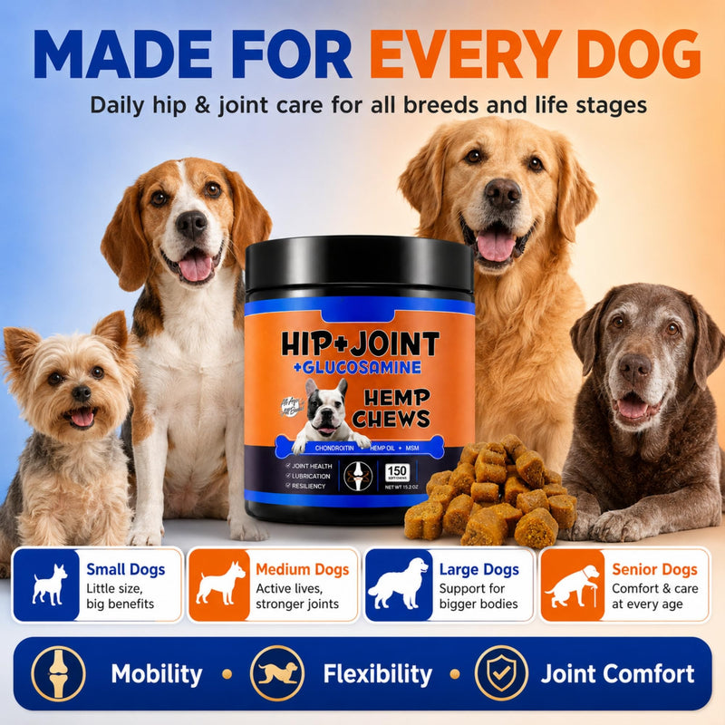 Hip & Joint Glucosamine Hemp Chews for Dogs (Duck Flavour | 150 Soft Chews) – Mobility Support Supplement with Chondroitin MSM, Joint Pain Relief & Flexibility Support