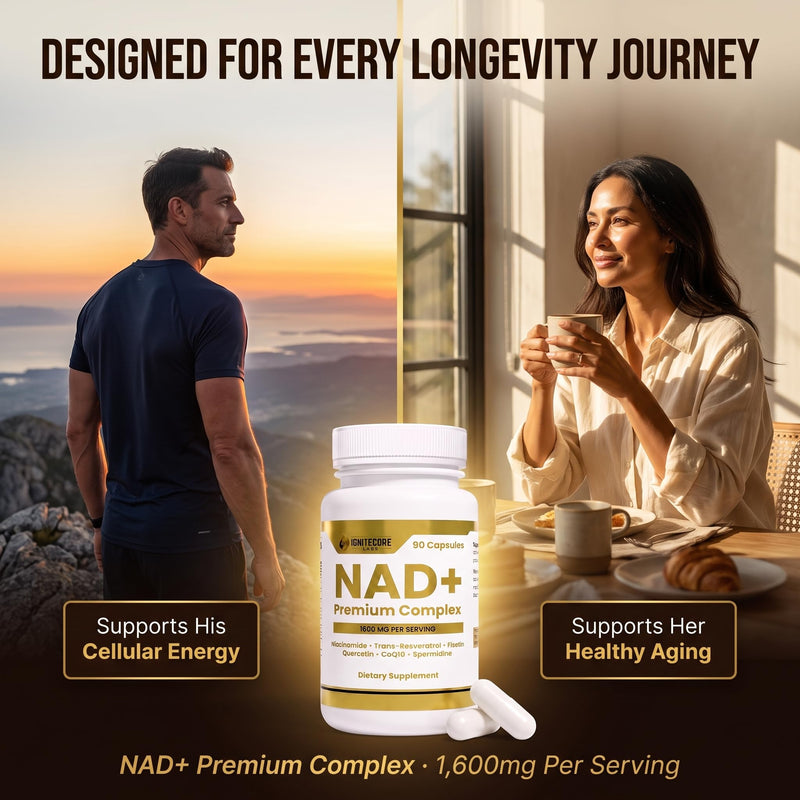 NAD+ Premium Complex 1600mg | Niacinamide Fisetin Quercetin Trans-Resveratrol CoQ10 Spermidine | Longevity Supplement Cellular Energy Healthy Aging Support | Vegan Non-GMO Gluten Free | 90 Capsules