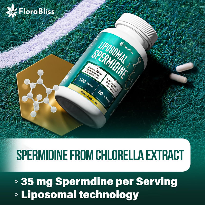 FloraBliss 35mg Liposomal Spermidine with Thiamin, Zinc, Biotin, Vitamin C | Spermidine from Chlorella. 60-Day Supply. 120 Capsules