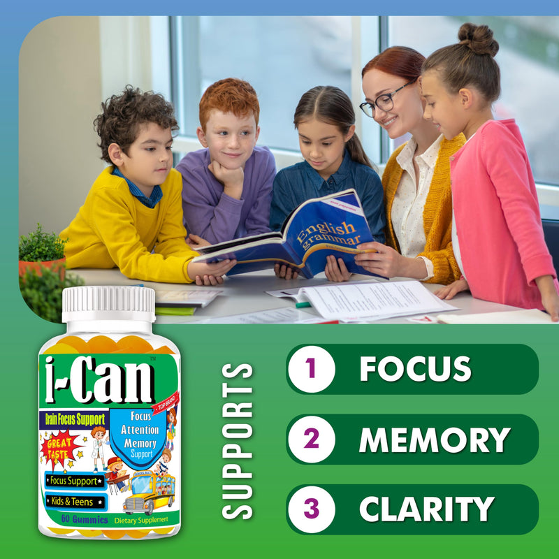 I-Can Kids Focus Gummies with Omega 3 DHA, Children’s Brain Support Vitamins, Memory Gummies for Teens, Focus Gummies for Kids, Youth Daily Supplement, Non-Fishy Taste, Low Sugar, 60 Count