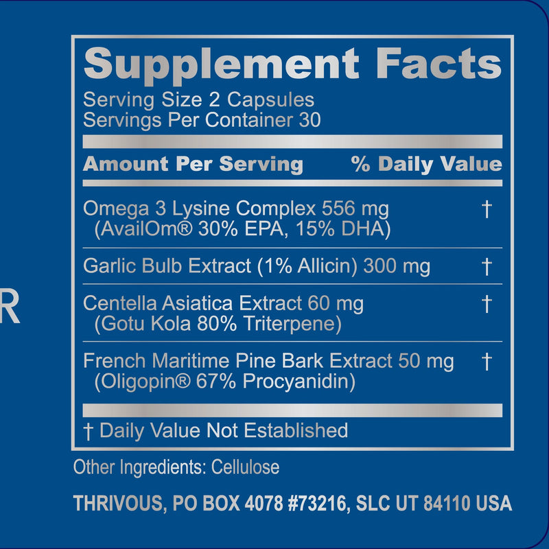 Thrivous Omega Cardioprotector – Advanced Heart & Circulation Support Supplement with AvailOm Omega-3, Garlic, Gotu Kola, Oligopin Pine Bark – 60 Vegan Capsules