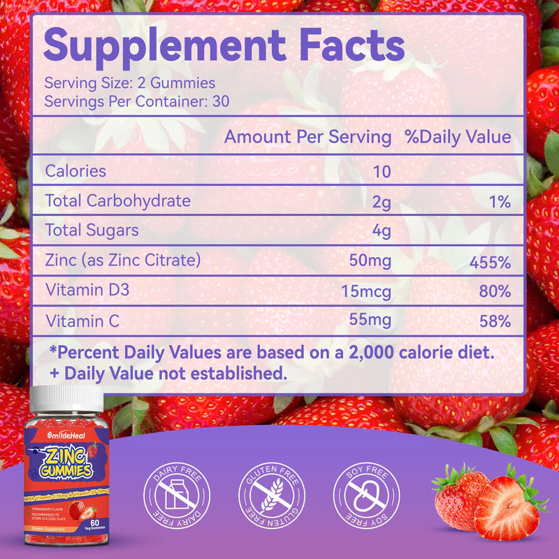 Zinc Gummies, Zinc 50mg, Zinc Citrate, with Vitamin C, Vitamin D3, 60 Count | Zinc Gummies, Zinc 50mg, Zinc Citrate, with Vitamin C, Vitamin D3, Strawberry Flavor Gummies, 60 Count 60 Count (Pack of 1)