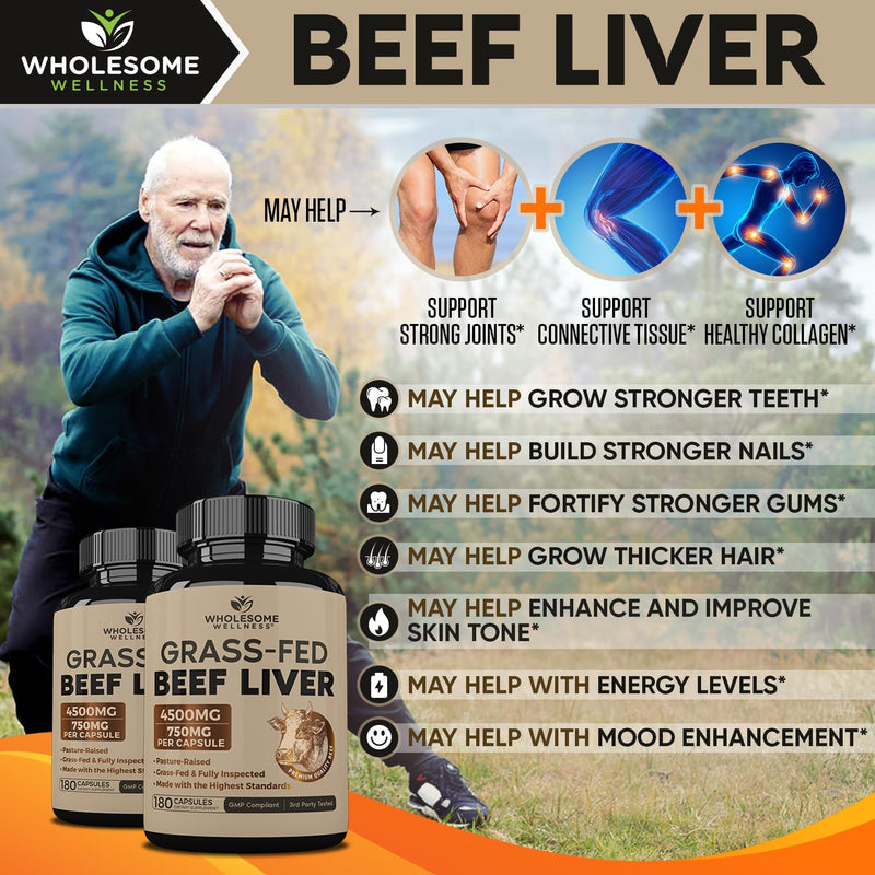 Wholesome Wellness Grass Fed Desiccated Beef Liver Capsules (180 Pills, 750mg Each) - Natural Iron, Vitamin A, B12 for Energy - Raised Undefatted in New Zealand Without Hormones or Chemicals - BeesActive Australia