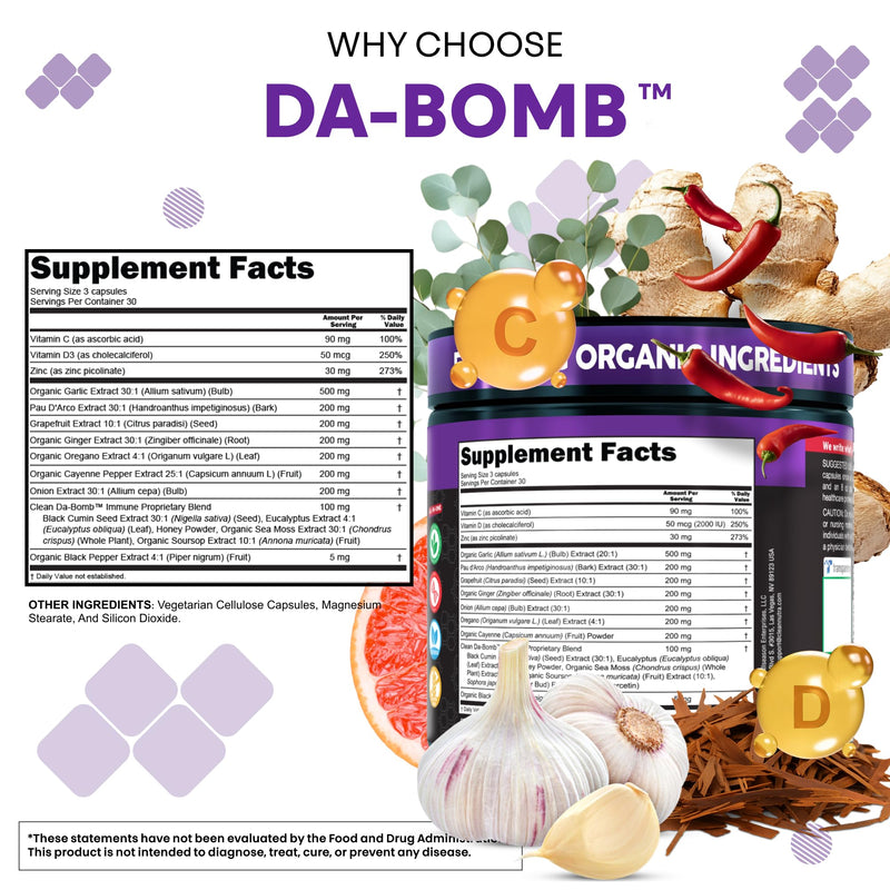 Organic Immune Support with PAU D'Arco Garlic Cayenne Pepper Oregano Ginger Grapefruit Onion Black Seed Sea Moss Black Pepper Zinc Eucalyptus Vitamin C Vitamin D Organic Soursop By Clean Nutra 1