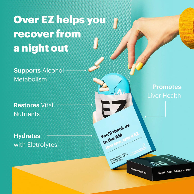 OVER EZ Pre-Drink Supplement - [$1.30 x Serving] Party Recovery & Prevention Pills for a Night Out & Better Mornings, Milk Thistle, Amino Acids, Vitamin Bs (30 Servings) 30 Servings
