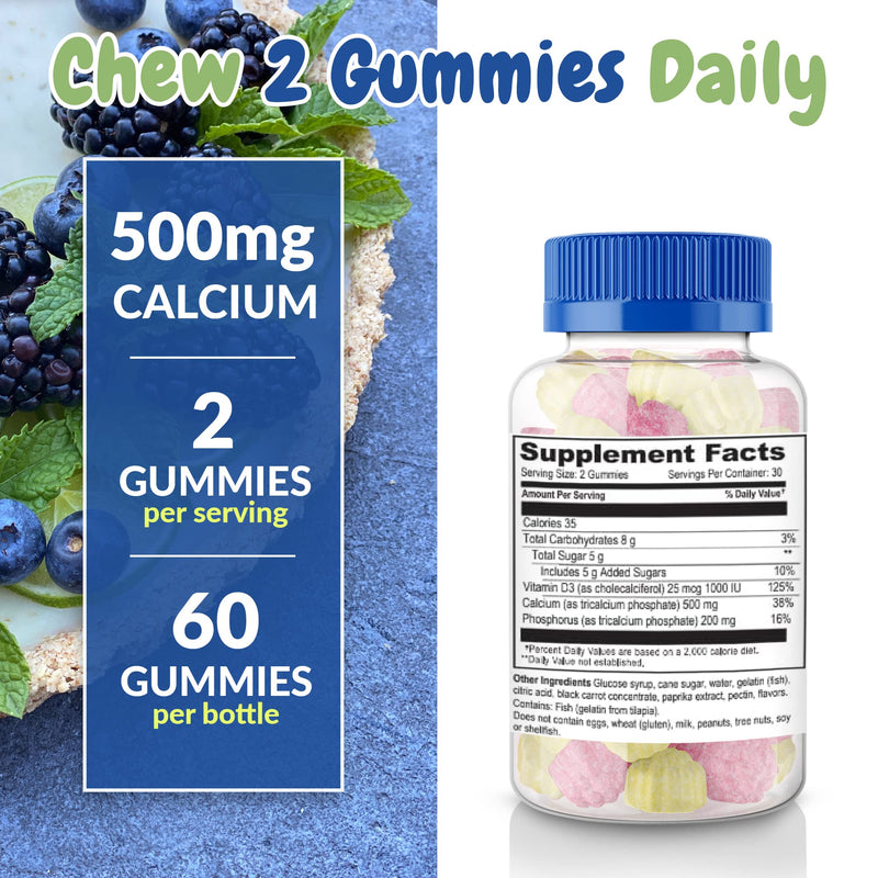 Health Supplied Calcium 500mg with Vitamin D3 1000 IU Gummies | Daily Dietary Supplement | Bone Strength, Growth, Teeth | for Adults, Teens, Kids | Great Tasting Natural Berry Flavor Vitamin Gummy 60 Count (Pack of 1)