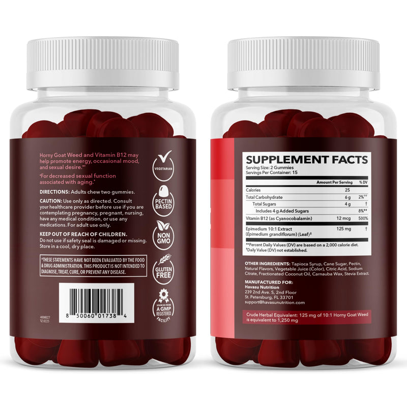 Horny Goat Weed Gummies with Vitamin B12, Raspberry Flavor, 30 Count | 30 Count, Vegetarian-Friendly, Non-GMO, Pectin-Based Gummies for Energy and Endurance Support, Raspberry Flavor, 15 Servings 30 Count (Pack of 1)