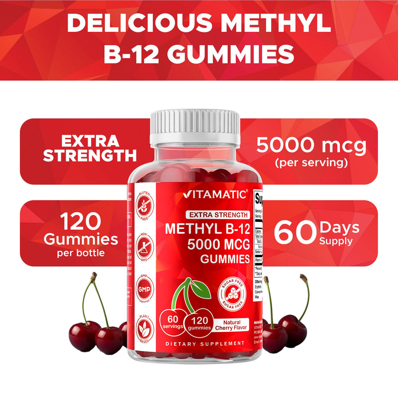 Vitamatic Methyl B12 5000 mcg, 120 Gummies, Natural Cherry Flavor - 3 Pack | Extra Strength, Energy Metabolism Support and Nervous System Health Support*, Non-GMO, Gluten Free