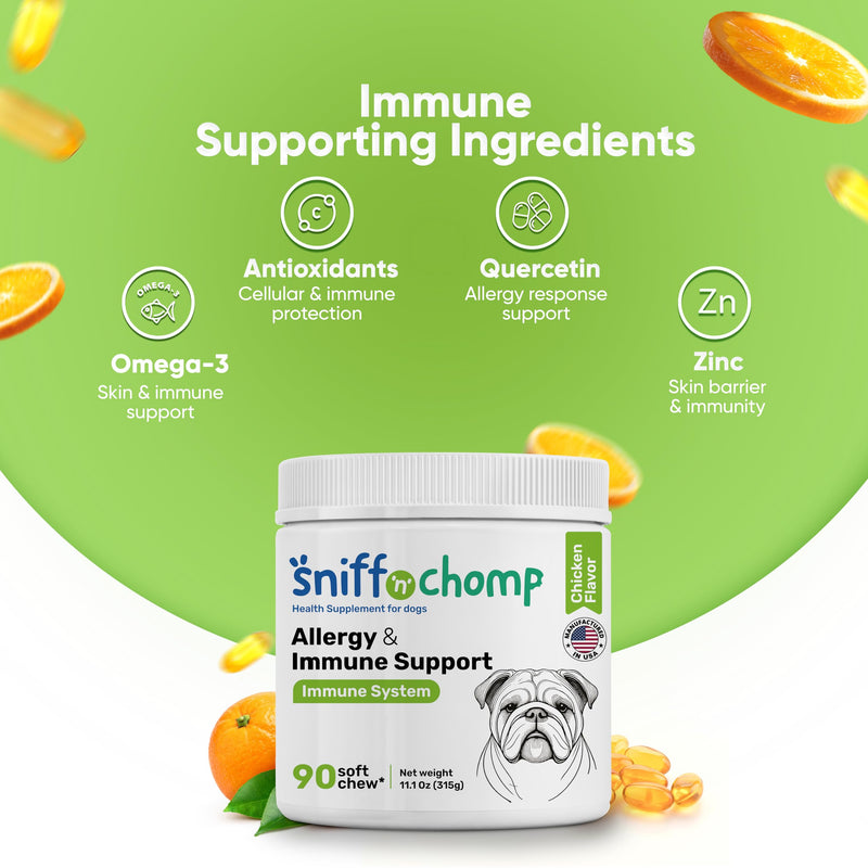 SNIFF N CHOMP Dog Allergy Chews, Chicken Flavor, Probiotics for Dogs with Quercetin Omega 3 Zinc, Seasonal Allergy Relief, Immune Support Soft Chews, Probióticos para Perros | 90 Soft Chews