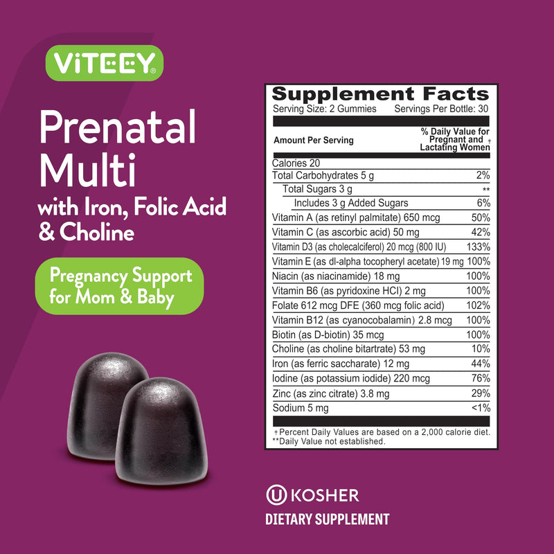 Viteey Prenatal Gummies for Women - Prenatal with Iron | for Pregnancy with Choline & Folic Acid Gummies - Vegetarian, Gluten Free - 120 Count 60 Count (Pack of 2)