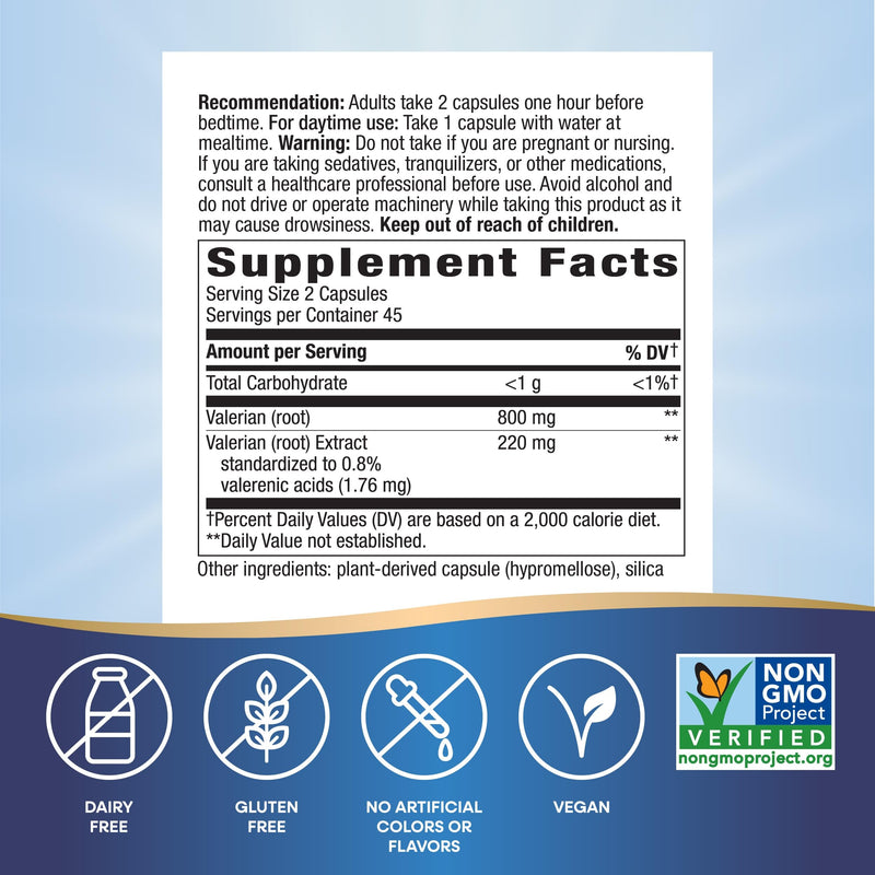 Nature's Way Valerian Premium Extract - 220 mg of valerian extract per 2-capsule Serving - Supports Restful Sleep* - Non-GMO Project Verified - Herbal Supplements - Gluten Free - 90 Capsules (2 Pack) 180 Count (Pack of 1)