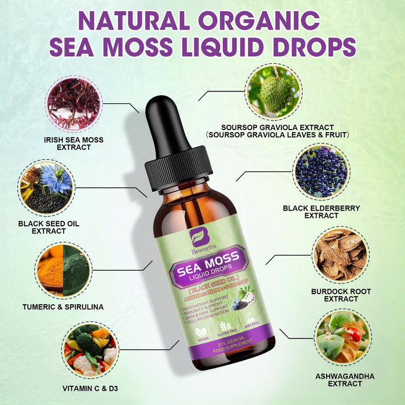B BEWORTHS Sea Moss Liquid Drops with Black Seed Oil, Ashwagandha, Soursop | Multimineral irish Seamoss Supplement with Bladderwrack, Burdock Root for Immune, Energy, Hair & Digestion Wellness - Vegan Soursop bitters 2 Fl Oz (Pack of 1)
