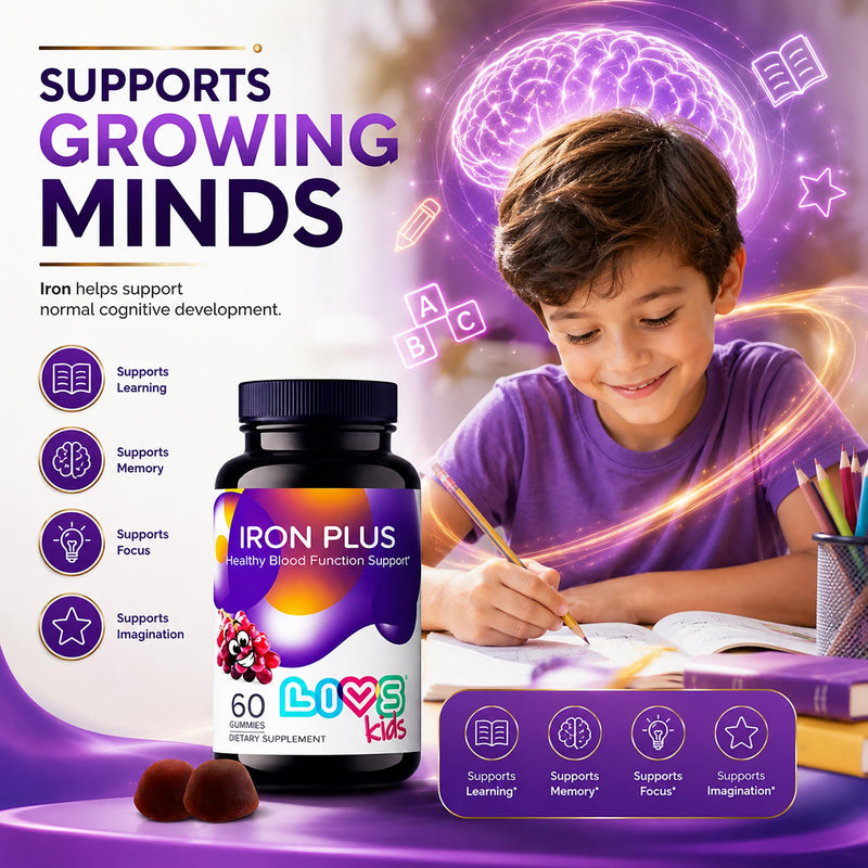 LIVS Iron Supplement for Kids with Vitamin C, A, B3, B5, B6, B12, Biotin, Zinc & Folate | Non-GMO, Gluten Free Chewable Supplement as Gummy for Energy Boost & Anemia Support - 60 Count Kids - Iron Plus 60 Count (Pack of 1)