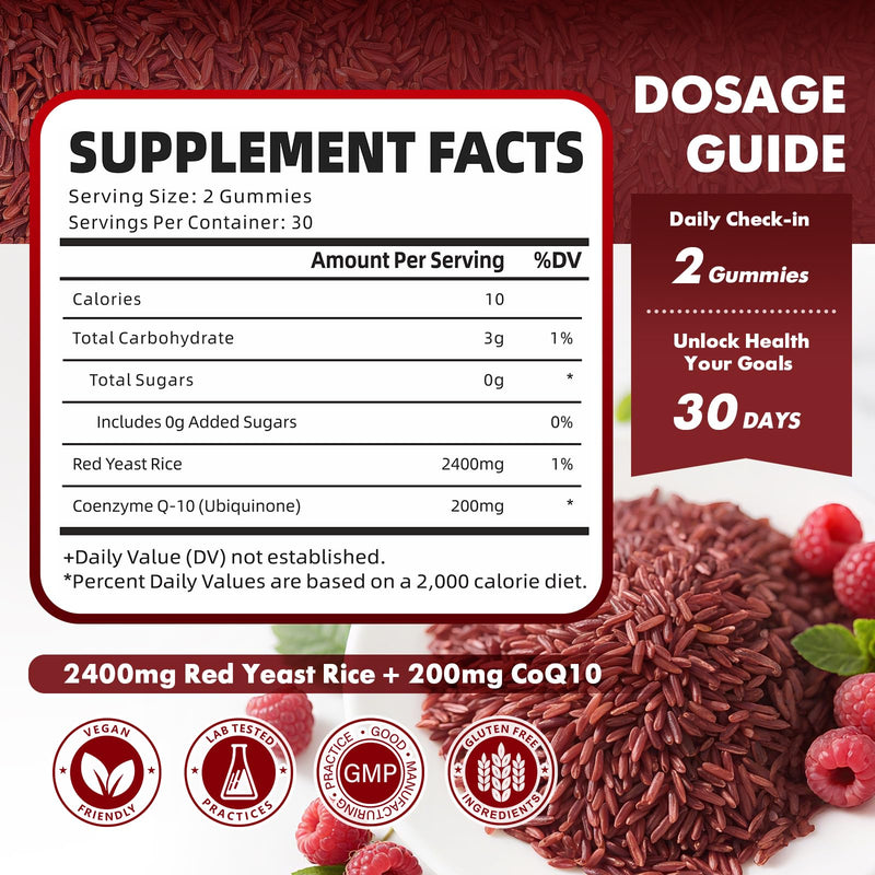 2 Pack Red Yeast Rice with Coq10 Gummies, Red Yeast Rice Supplement, Sugar Free, Raspberry Flavor, 120 Count - BeesActive Australia