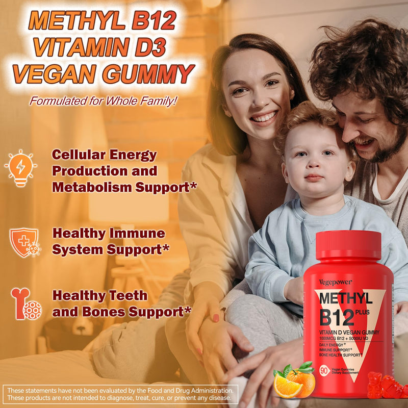 Vegan Vitamin D3 & B12 Gummies, Methyl B12 Supplement for Adults & Kids | Enhanced with Vitamin D for Natural Energy, Immune, Metabolism & Focus, Orange, 90 Gummies 90 Count (Pack of 1)