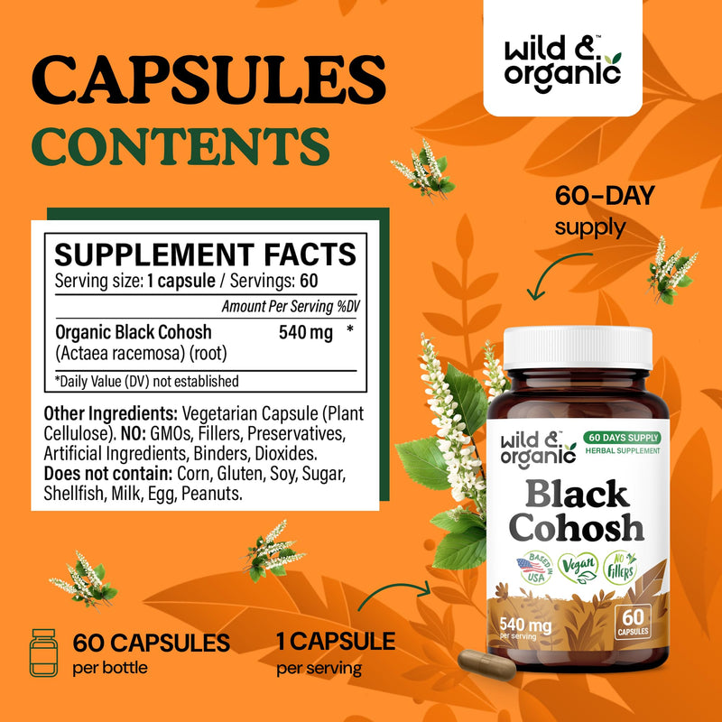 Wild & Organic Black Cohosh for Women Capsules 540 mg - Natural Support - Black Cohosh Root Supplement - Actaea Racemosa Herb - 60 Days of Supply - Vegan, No Fillers, Non-GMO - 60 Count